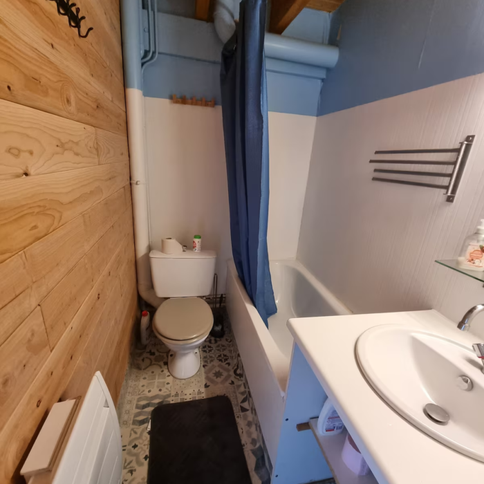 Salle de bain bleue du charmant chalet en location à Guzet